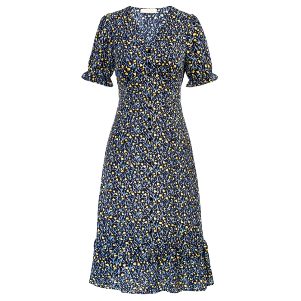 NWT- Belle Poque Navy Blue Floral V Neck A Line Short Sleeve Midi Dress - XL